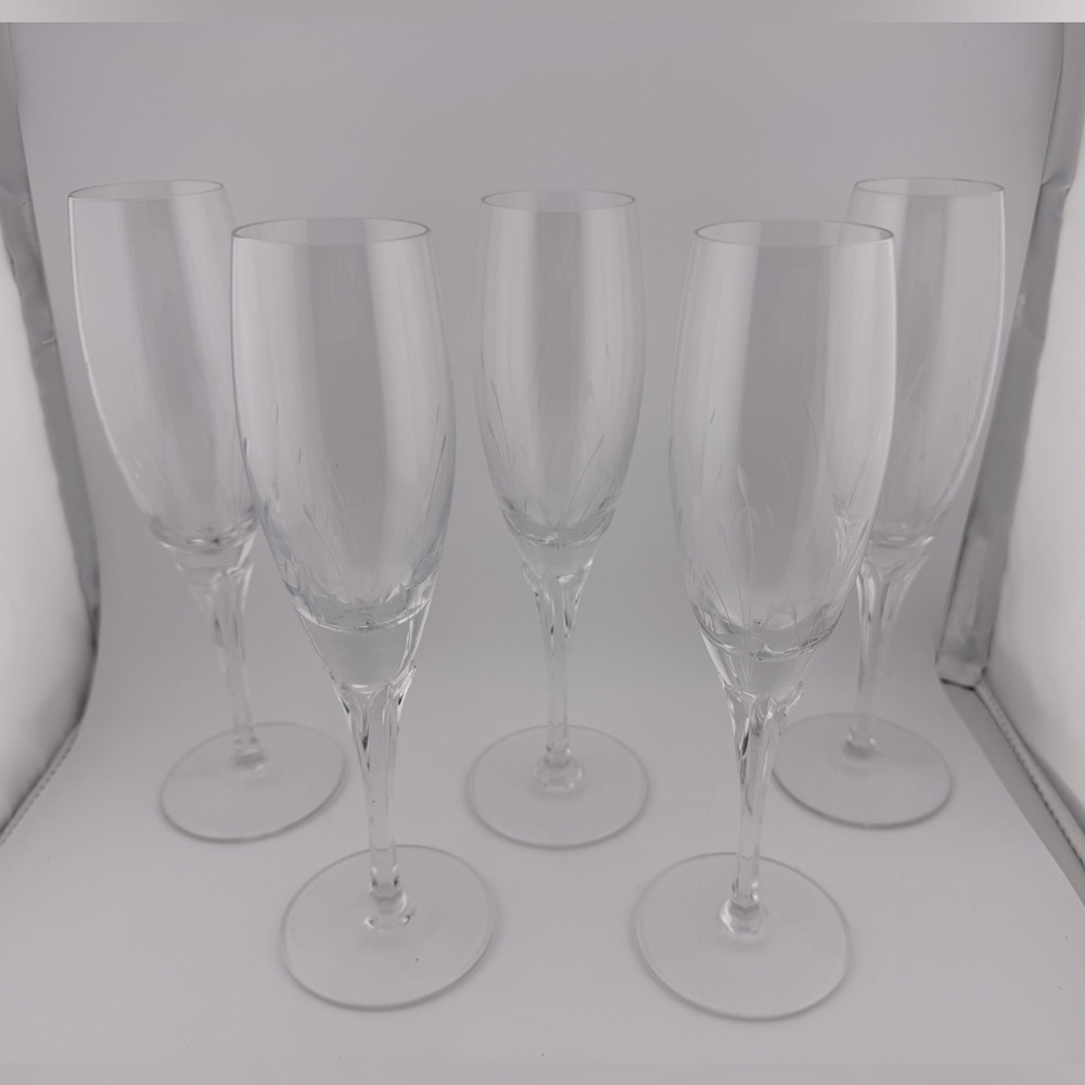 Jolie Gorham Crystal Fluted Etched Clear Champagne Flutes Set 5 Vintage